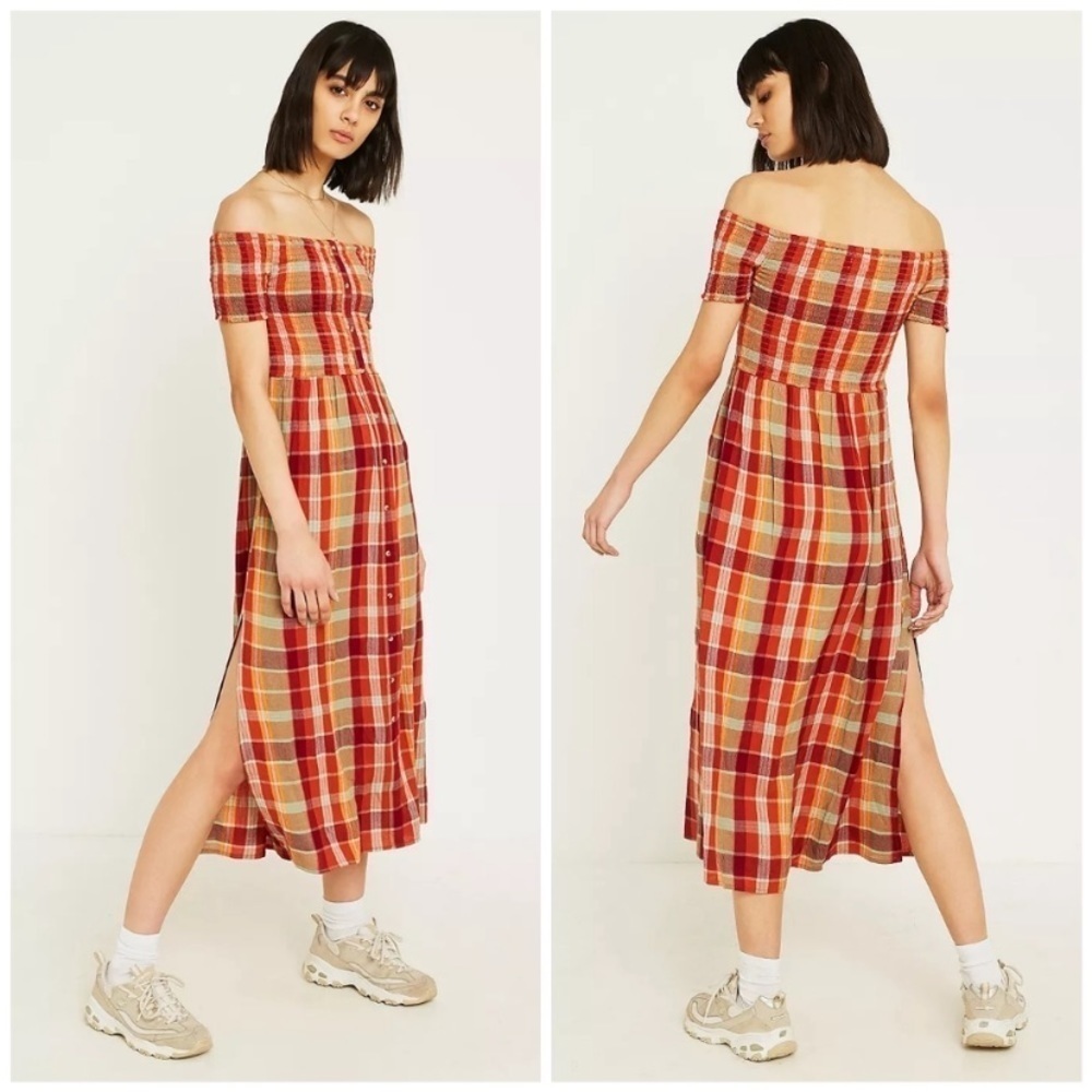 Urban Outfitters Monica Plaid Smocked Off-The-Shoulder Midi Dress Sz XS